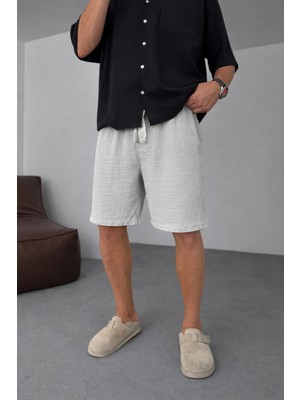 EYDAMOON Man Gri Urban Relaxed Fit %100 Pamuk Müslin Şort - Nefes Alan Müslin Dokuma
