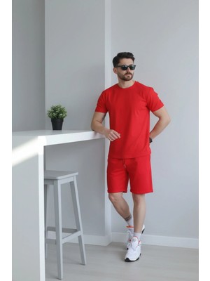EYDAMOON Erkek Kırmızı Regular Kesim %100 Pamuklu Likralı Penye Kumaş Yazlık Eşofman Takımı