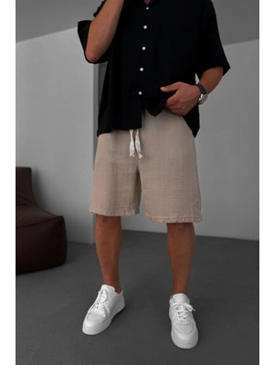 EYDAMOON Man Bej Urban Relaxed Fit %100 Pamuk Müslin Şort - Nefes Alan Müslin Dokuma