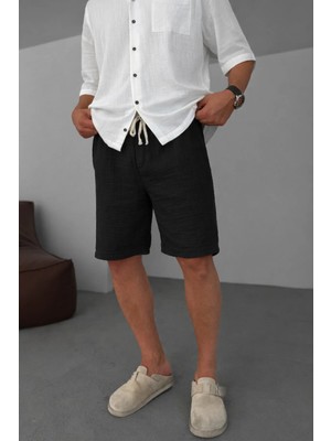EYDAMOON Man Siyah Urban Relaxed Fit %100 Pamuk Müslin Şort - Nefes Alan Müslin Dokuma