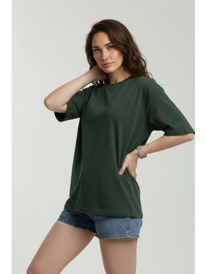 EYDAMOON Kadın Haki %100 Organik Pamuk Oversize Penye Kumaş Bisiklet Yaka T-Shirt