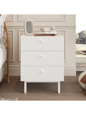 Robin Home Rhode Komodin 3 Çekmeceli Ahşap Ayaklı Beyaz