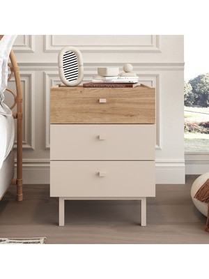Robin Home Rhode Komodin 3 Çekmeceli Ahşap Ayaklı Kumsal-Sepet