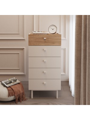 Robin Home Rhode Şifonyer 5 Çekmeceli Ahşap Ayaklı Kumsal-Sepet