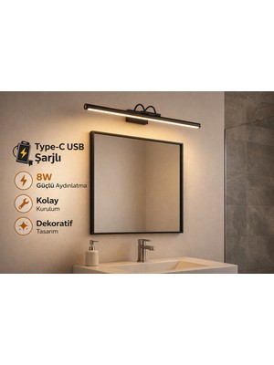 Özer Light 50CM / USB Şarjlı / Siyah kasa / Resim / Tablo / Ayna Üstü / Banyo / Ledli Aplik Flüt 3000K Günışığı