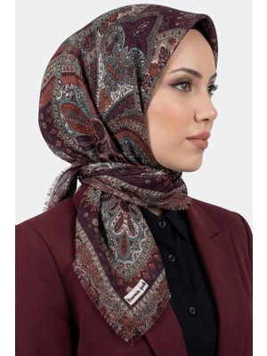 Hadiora Kadın Bordo Turuncu Etnik Desenli Flamlı Eşarp