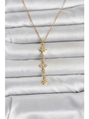 Uravas Store 316L Çelik Gold Renk Kutup Yıldızı Y Model Zirkon Taşlı Kadın Kolye