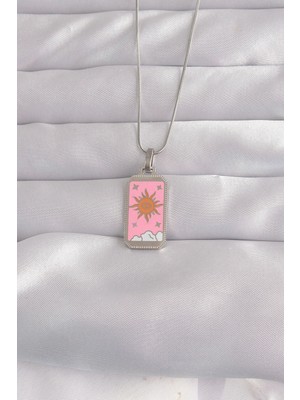 Uravas Store 316L Çelik Gümüş Renk Pembe Mineli Güneş Model Tarot Kolye