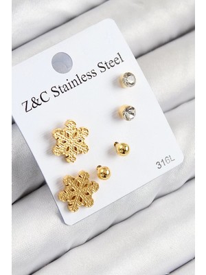 Uravas Store 316L Çelik Zirkon Taşlı Kar Tanesi Model Gold Renk Kadın Set Küpe - TJ-BKP11122