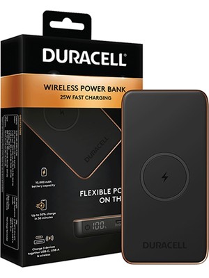 Duracell 10 000 mAh Wireless Powerbank USB-C PD 25W Hızlı Şarj & 15W Kablosuz Taşınabilir Şarj Cihazı