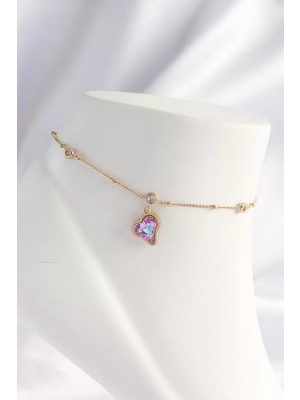 Uravas Store 316L Çelik Gold Renk Renkli Zirkon Taşlı Kalp Halhal - TJ-HH1609