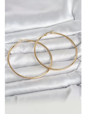 Uravas Store 316L Çelik Gold Renk 60 mm Halka Kadın Küpe - TJ-BKP11686