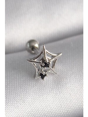 Uravas Store 316L Çelik Gümüş Renk Siyah Zirkon Taş Detay Örümcek Ağ Model Tragus Piercing - TJ-PR1293
