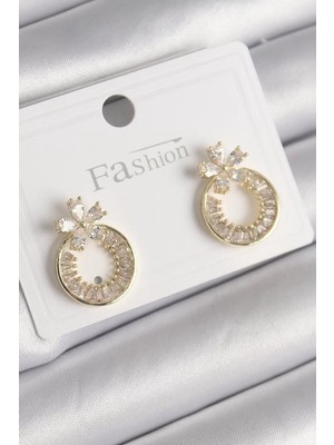 Uravas Store Pirinç Gold Renk Zirkon Taşlı Halka Model Çiçek Figür Kadın Küpe - TJ-BKP9762