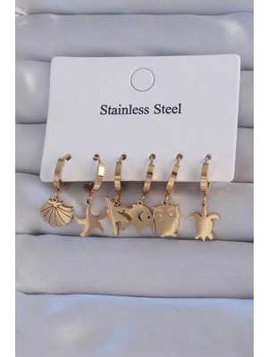 Uravas Store 316L Çelik Gold Renk Zirkon Taşlı Hayvan Figürlü Deniz Yıldızı Model Halka Küpe Seti - TJ-BKP9155