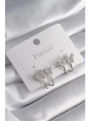 Uravas Store Pirinç Gümüş Renk Zirkon Taşlı Kelebek Model Kadın Küpe - TJ-BKP8423