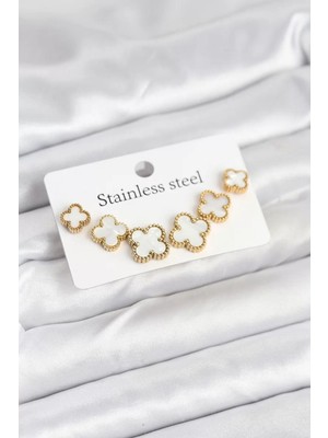 Uravas Store 316L Çelik Gold Beyaz Renk 3 Boy Yonca Küpe Seti - TJ-BKP11237