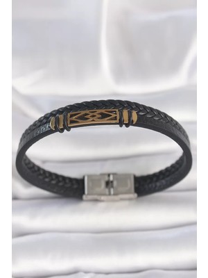 Uravas Store 316L Çelik Gold Renk Aksesuarlı Çift Sıra Siyah Burgu Desenli Deri Kordon Erkek Bileklik - TJ-EB371