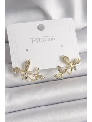 Uravas Store Pirinç Gold Renk Zirkon Taşlı Kelebek Model Kadın Küpe - TJ-BKP9838