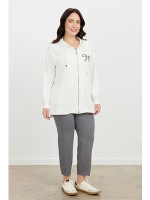 Accort Büyük Beden Taş Baskı Sweatshirt-Ekru