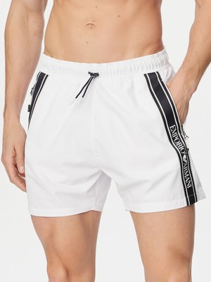 Erkek Lastikli Bağcıklı Bel Cep Kenarı Emporio Armani Yazı Desen Beyaz Deniz Şortu EM000583 AF20426-U0002