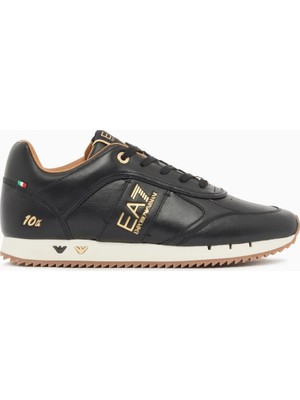 EA7 Erkek Kartal Logo Desenli Ortopedik Tabanlı Deri Siyah - Gold Sneaker 7X000648 AF15588-MC021