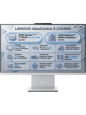 Lenovo Ideacentre 3 27ARR9 Amd Ryzen 7 7735HS 8gb 512GB SSD 27" Fhd Freedos All In One Pc F0HQ00ADTR 001