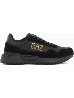 Erkek Düşük Bilekli Rahat Tabanlı Süet Detaylı Ea7 Logo Desenli Deri Siyah-Gold Sneaker 7X000380 AF19175-MZ177