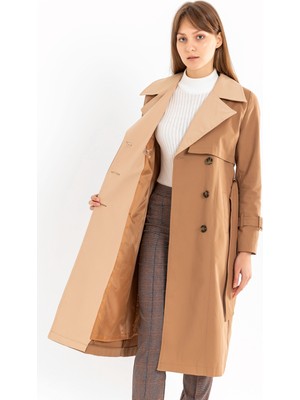 Pastelastore Kadın Pamuk Gabardin Uzun Trençkot Koyu Bej Renk Çift Renk Garnili 1114