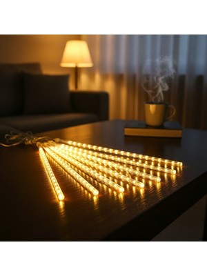 N&M Store 10'lu 45 cm Meteor LED Ağaç Işığı Usb'li Sarı Renk 2 Metre Kablo Dış Mekan Bahçe Aydınlatma