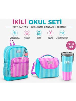 Coral High Turkuaz Pembe Çizgili Sırt Çantası 23771+THERMO Beslenme Çantası 11787+34787 Termos
