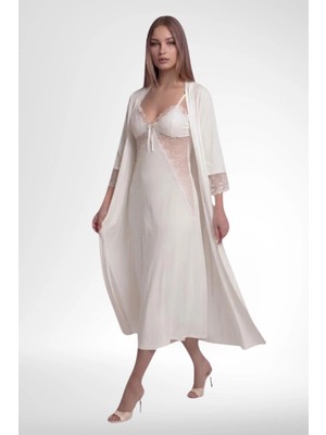 Mecit Pijama Mecit 6380 Ekru Kadın Viskon Kumaş Gecelik Sabahlık Takımı