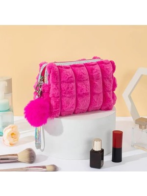 My Balli Store Pembe Peluş Makyaj Çantası, Holografik Detaylı, Ponponlu, Fermuarlı