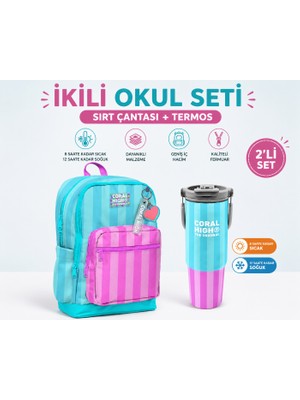 Coral High Turkuaz Pembe Çizgili Sırt Çantası 23771+34787 Termos