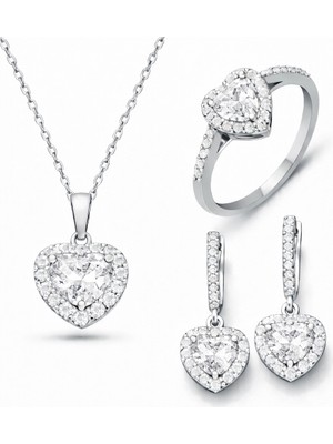 DMR Elegance Gümüş Beyaz Taşlı Kalpli Kadın Set