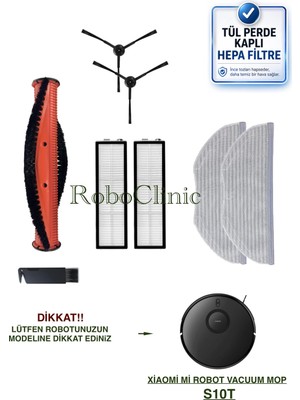 Roboclinic Xiaomi Mi Robot Vacuum S10T Robot Süpürge Uyumlu Yedek Ana Fırça, Yan Fırça, Hepa Filtre, Mop - 8 Parça