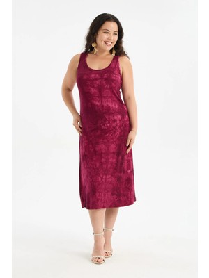 Madwilo Kadın Bordo Batik Boyama Askılı Büyük Beden Elbise