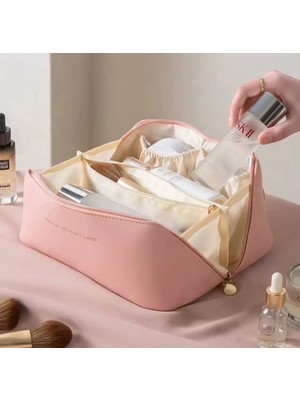 My Balli Store Su Geçirmez Suni Deri Seyahat Makyaj Organizer Çantası (Pembe)