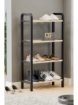 Three 4 Katlı Ahşap Ayakkabılık 50 cm Ahşap Çubuklu 4 Bölmeli Eko Raf Ünitesi Düzenleyici