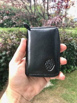Luccacci Siyah Deri Akordiyon Kartlık & Para Portföy Fermuarlı 10 cm Özellikli Erkekler İçin