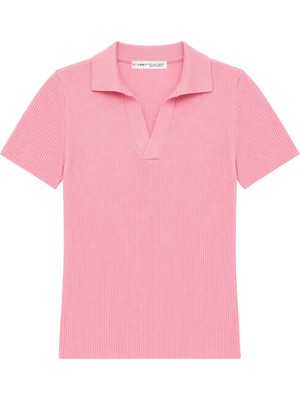 Mixray 2091 Kadın Polo Yaka Fitilli Kısa Kollu Triko Bluz Pembe
