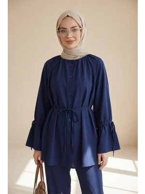 Moda Morfo Yakası Büzgü Detaylı Beli ve Kolu Bağcıklı Ikili Takım -Laci