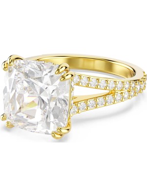 Swarovski Stilla Kokteyl Yüzük Kare Kesim Pave Beyaz Sarı Altın Rengi Kaplama 55