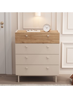 Robin Home Rhode Geniş Şifonyer 4 Çekmeceli Ahşap Ayaklı Kumsal-Sepet