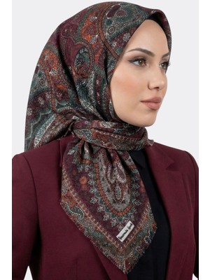 Hadiora Kadın Bordo Yeşil Etnik Desenli Flamlı Eşarp