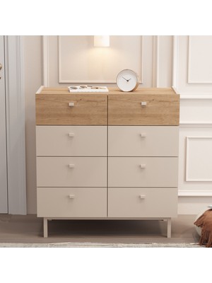 Robin Home Robinhome Rhode Geniş Şifonyer 8 Çekmeceli Ahşap Ayaklı Kumsal-Sepet
