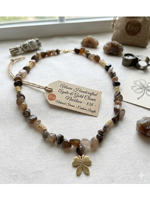 Shine Elagance Doğaltaş Lokum Akik Kahvenin En Güzel Tonlarıyla Ucunda Çelik Yonca ve Kapamaları Çelik Kadın Kolye Hediyelik