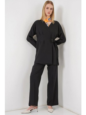 Trend Cojans Yandan Bağlamalı Ceket Pantolon Ikili Takım 30099 - Siyah