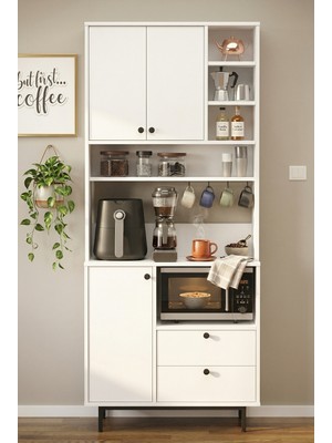 Yurudesign Royce Serisi Kahve Köşesi Çok Amaçlı Dolap Mutfak Dolabı Beyaz Re6-W