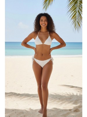 Marsilyan- Kadın Beyaz Pedli Bel ve Boyundan Bağlamalı Dantelli Şık Bikini Takımı
